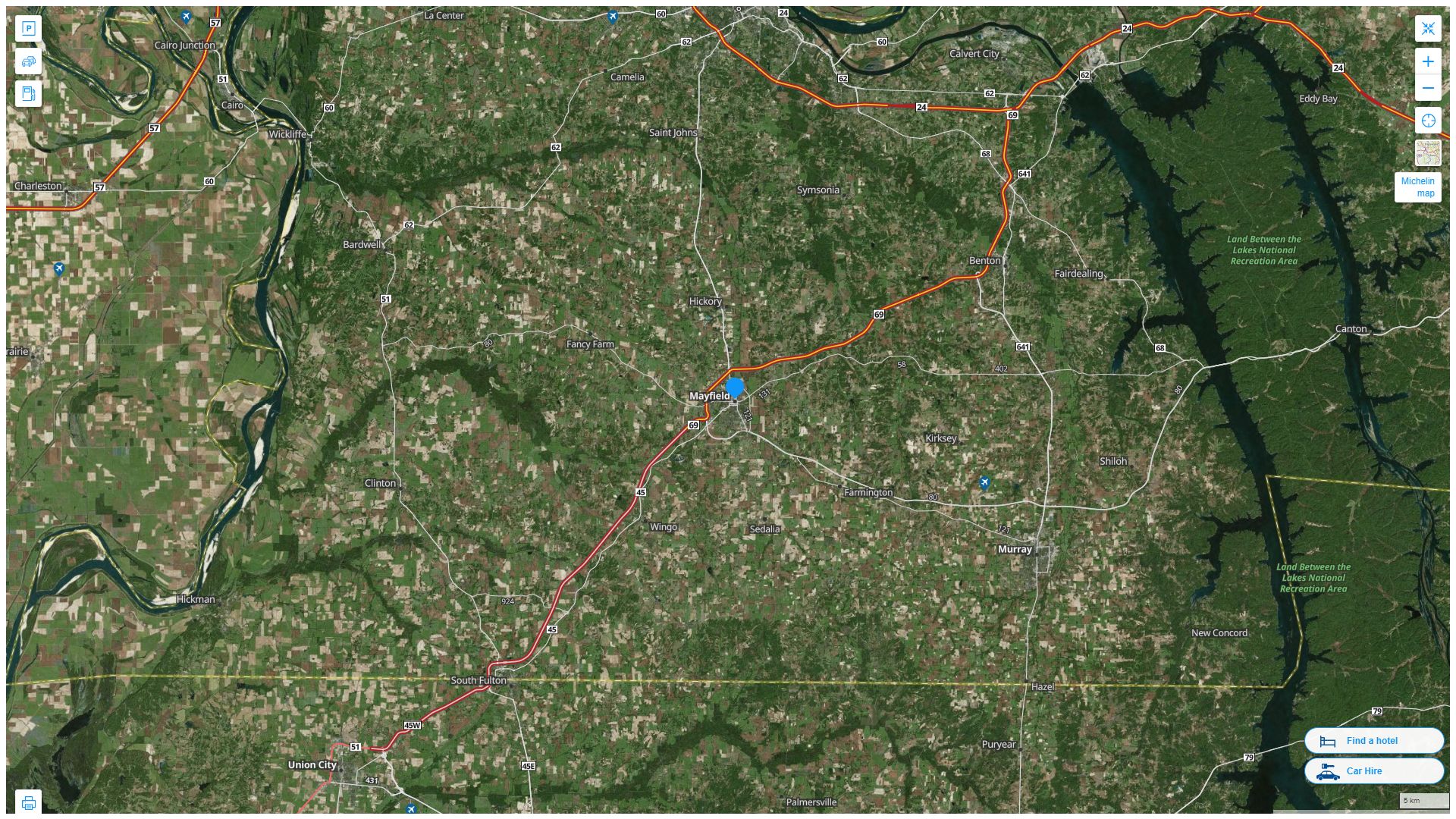 Mayfield Kentucky Highway and Road Map with Satellite View